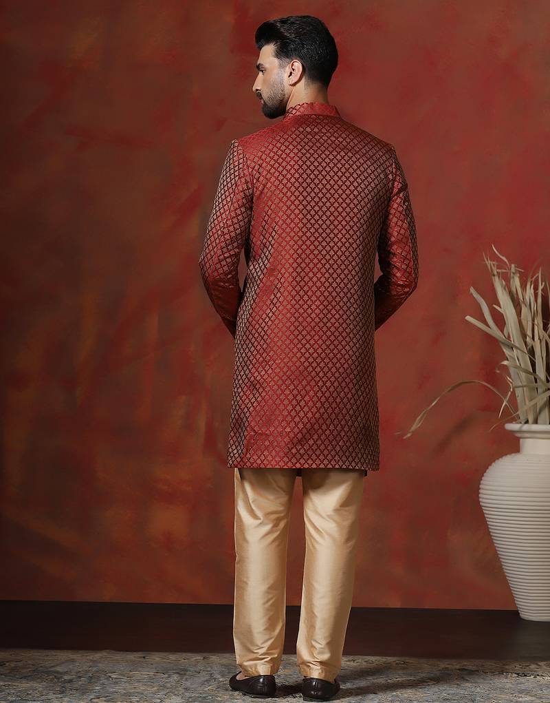 Red jacquard blend indo western and dhoti set for men with printed design