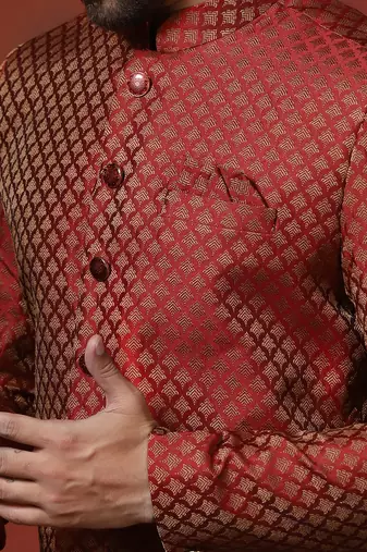 Red jacquard blend indo western and dhoti set for men with printed design