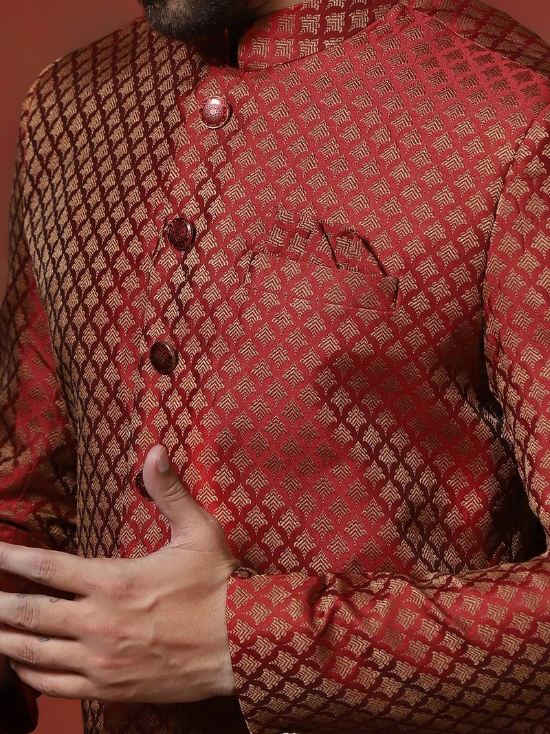 Red jacquard blend indo western and dhoti set for men with printed design