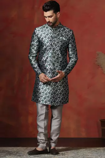 green jacquard blend indo western and pyjama set for men with printed design