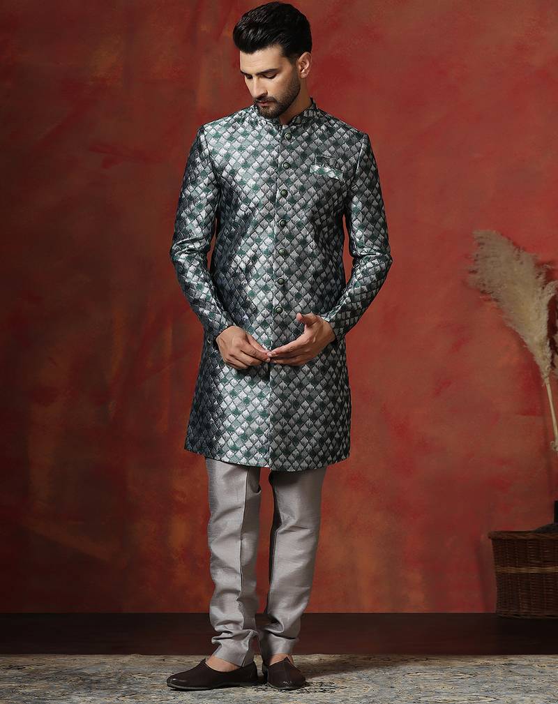 green jacquard blend indo western and pyjama set for men with printed design