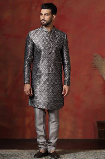 grey jacquard blend indo western and pyjama set for men with printed design