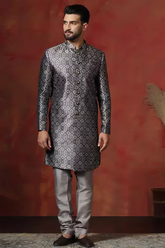 grey jacquard blend indo western and pyjama set for men with printed design