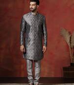 grey jacquard blend indo western and pyjama set for men with printed design