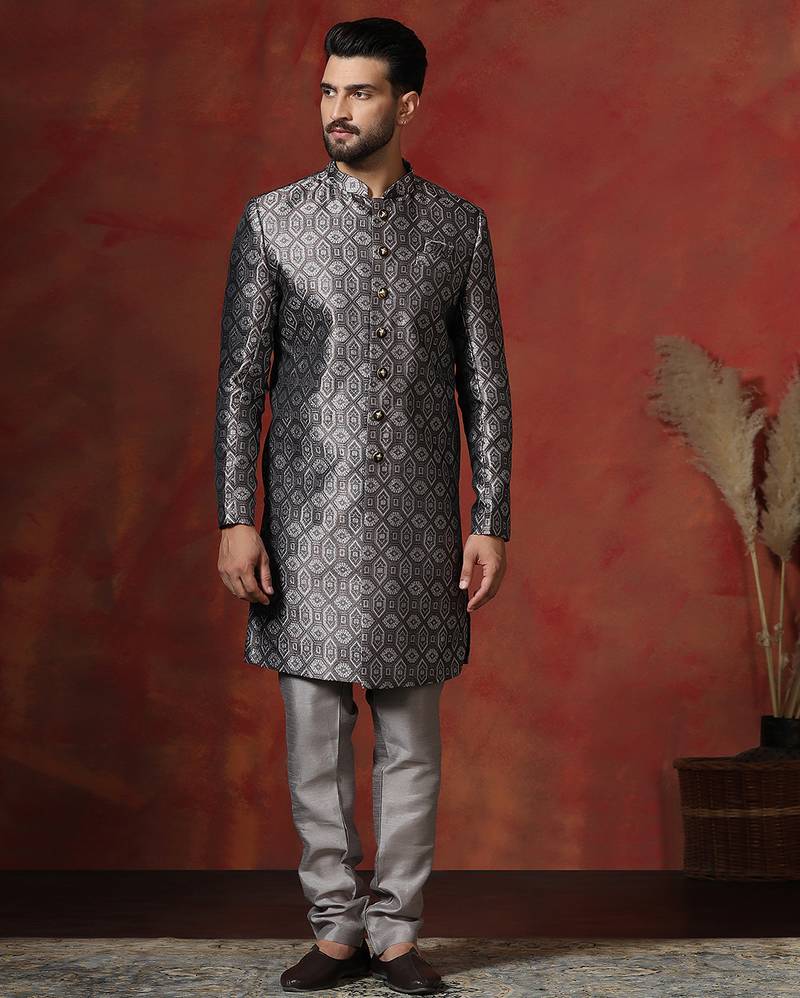 grey jacquard blend indo western and pyjama set for men with printed design