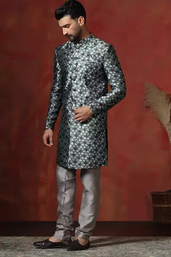green jacquard blend indo western and pyjama set for men with printed design