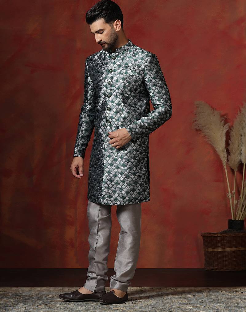 green jacquard blend indo western and pyjama set for men with printed design