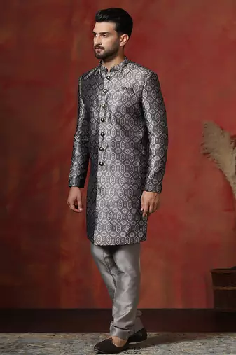 grey jacquard blend indo western and pyjama set for men with printed design