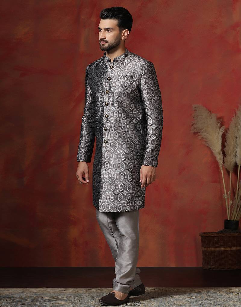 grey jacquard blend indo western and pyjama set for men with printed design