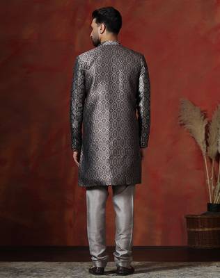 grey jacquard blend indo western and pyjama set for men with printed design 3