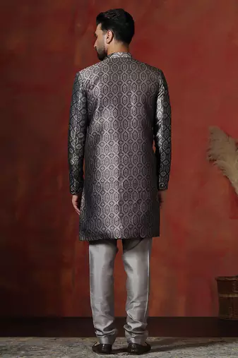 grey jacquard blend indo western and pyjama set for men with printed design
