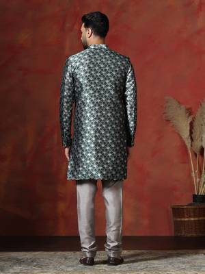 green jacquard blend indo western and pyjama set for men with printed design 4