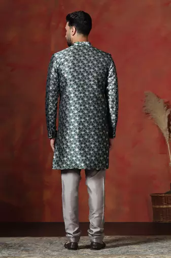 green jacquard blend indo western and pyjama set for men with printed design