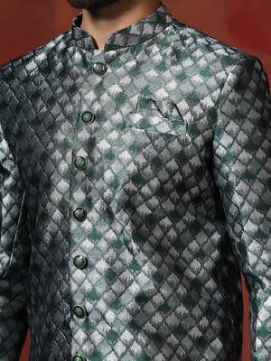 green jacquard blend indo western and pyjama set for men with printed design 5
