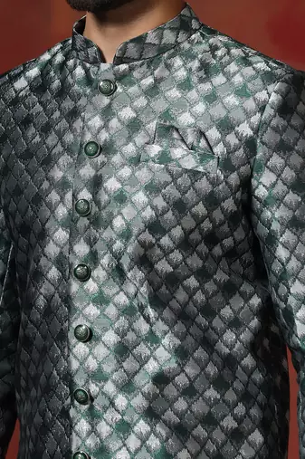 green jacquard blend indo western and pyjama set for men with printed design