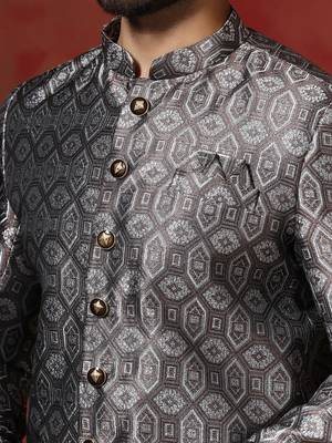grey jacquard blend indo western and pyjama set for men with printed design 4