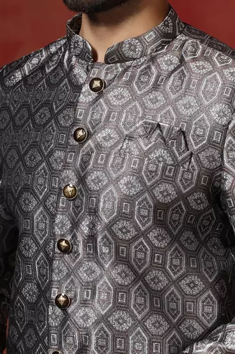 grey jacquard blend indo western and pyjama set for men with printed design