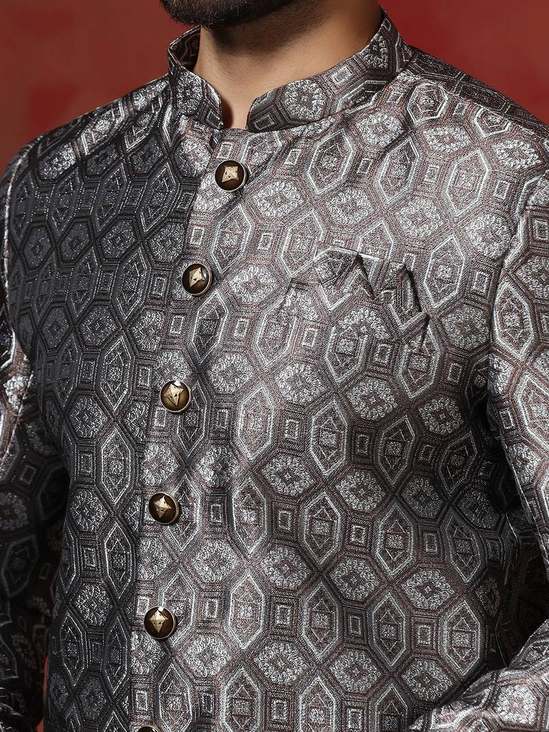 grey jacquard blend indo western and pyjama set for men with printed design