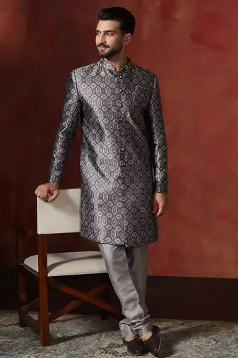 grey jacquard blend indo western and pyjama set for men with printed design