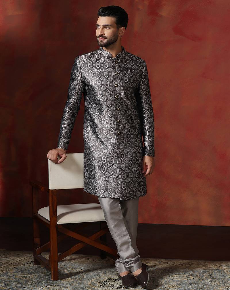 grey jacquard blend indo western and pyjama set for men with printed design