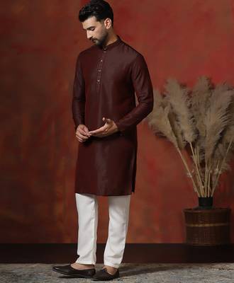 maroon dupion kurta for men with solid design 2