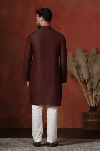 maroon dupion kurta for men with solid design