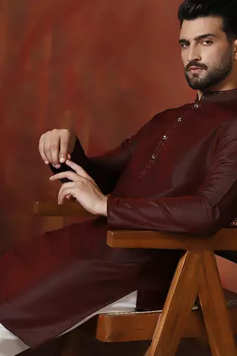 maroon dupion kurta for men with solid design