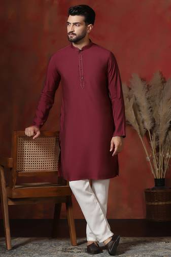 red dupion kurta for men with solid design