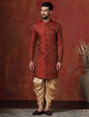 Red jacquard blend indo western and dhoti set for men with printed design 1