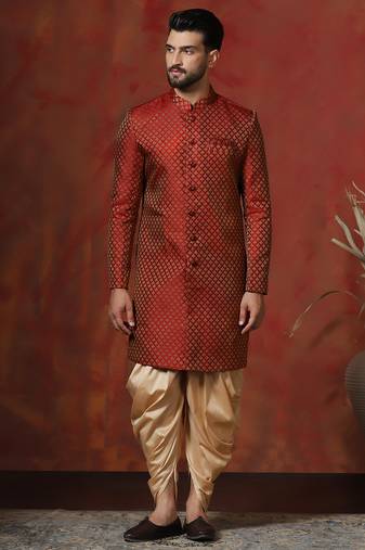 Red jacquard blend indo western and dhoti set for men with printed design