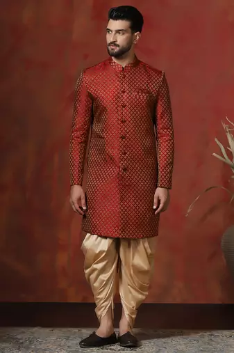Red jacquard blend indo western and dhoti set for men with printed design