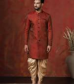 Red jacquard blend indo western and dhoti set for men with printed design