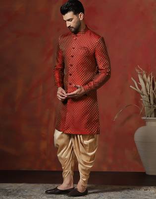 Red jacquard blend indo western and dhoti set for men with printed design 2