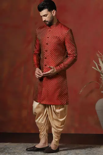 Red jacquard blend indo western and dhoti set for men with printed design