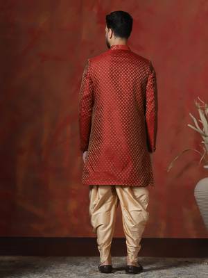 Red jacquard blend indo western and dhoti set for men with printed design 3
