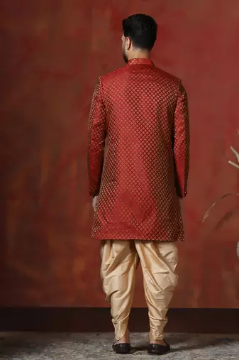 Red jacquard blend indo western and dhoti set for men with printed design