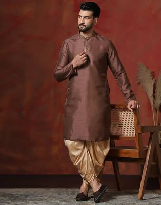 brown dupion kurta for men with solid design 1