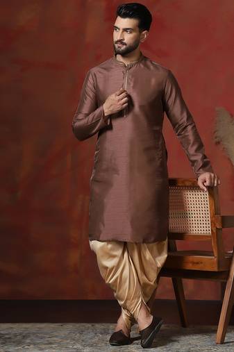 brown dupion kurta for men with solid design