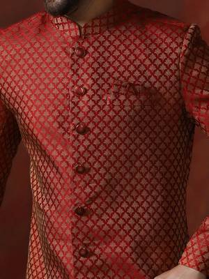 Red jacquard blend indo western and dhoti set for men with printed design 4