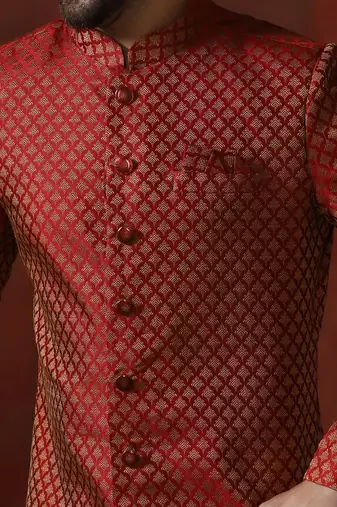 Red jacquard blend indo western and dhoti set for men with printed design
