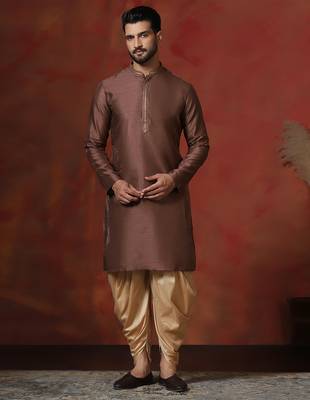 brown dupion kurta for men with solid design 2