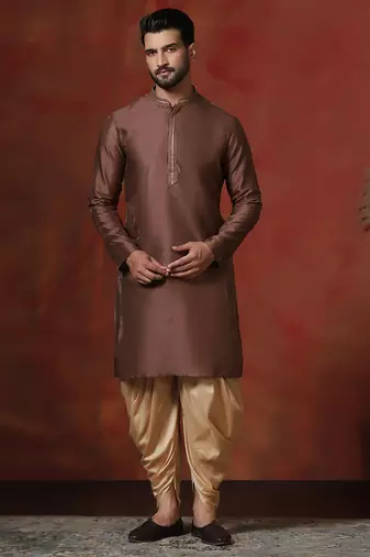 brown dupion kurta for men with solid design
