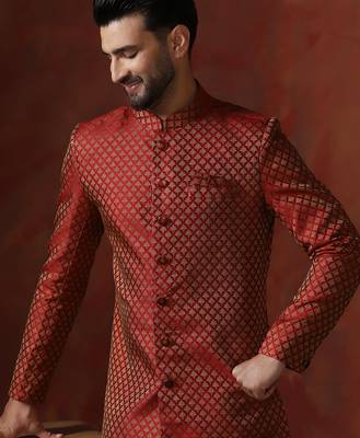 Red jacquard blend indo western and dhoti set for men with printed design 5
