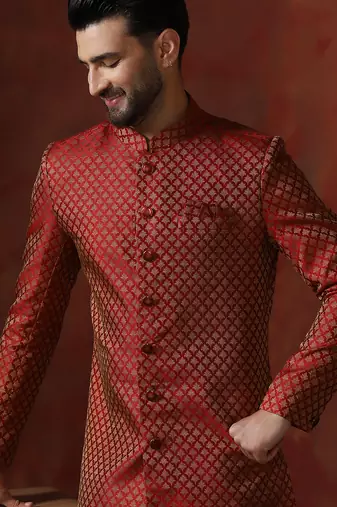 Red jacquard blend indo western and dhoti set for men with printed design