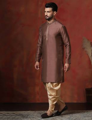 brown dupion kurta for men with solid design 3