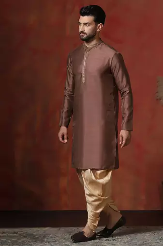 brown dupion kurta for men with solid design