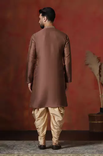 brown dupion kurta for men with solid design