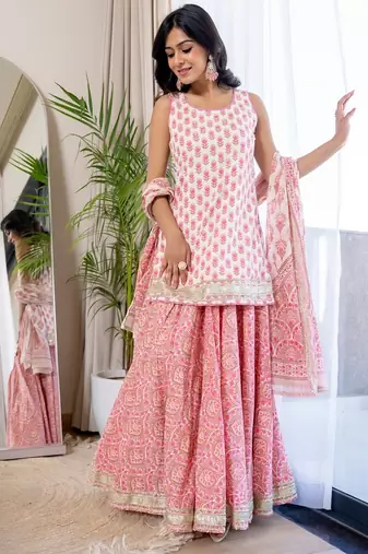 Pink coton lace work sharara set