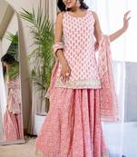 Pink coton lace work sharara set