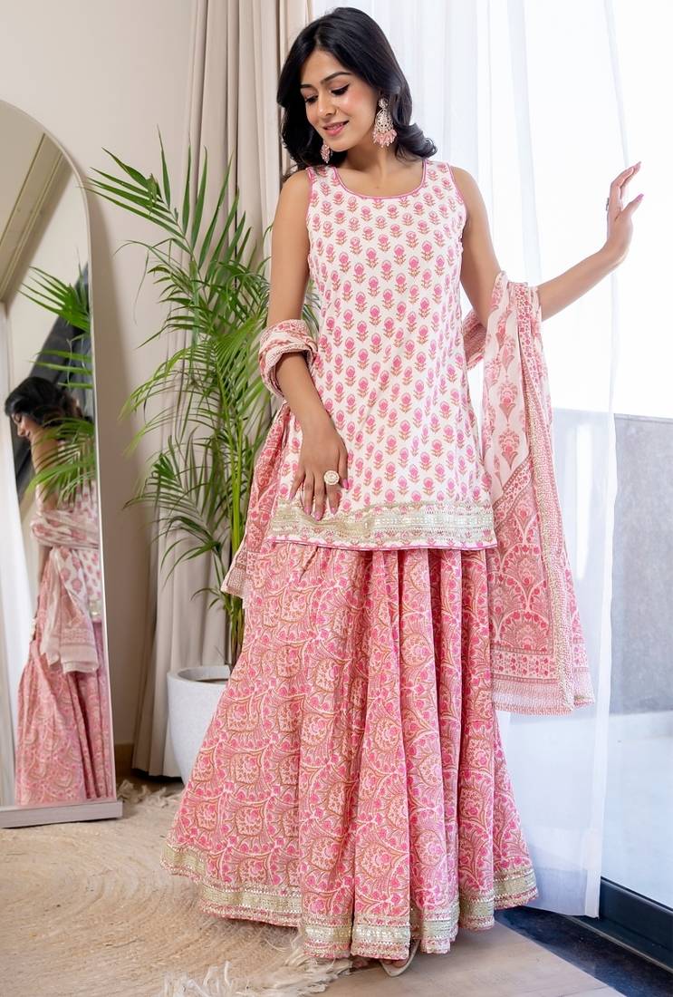 Pink coton lace work sharara set
